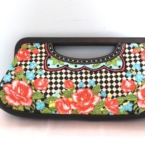Isabella Fiore Black and white checkered Beaded floral clutch purse